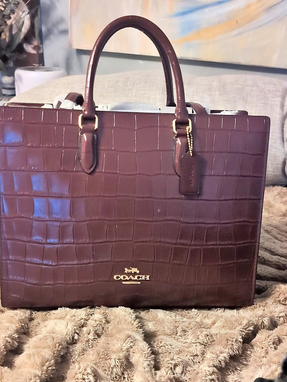 Coach Rogue Bag Structured Crocodile-Embossed Tote Brown NWT